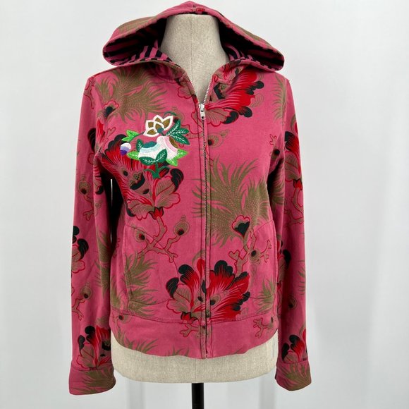 Custo Barcelona Tops - Custo Barcelona Blue Tower Boho Dusty Rose Pink Floral Zipper Hoodie Size M